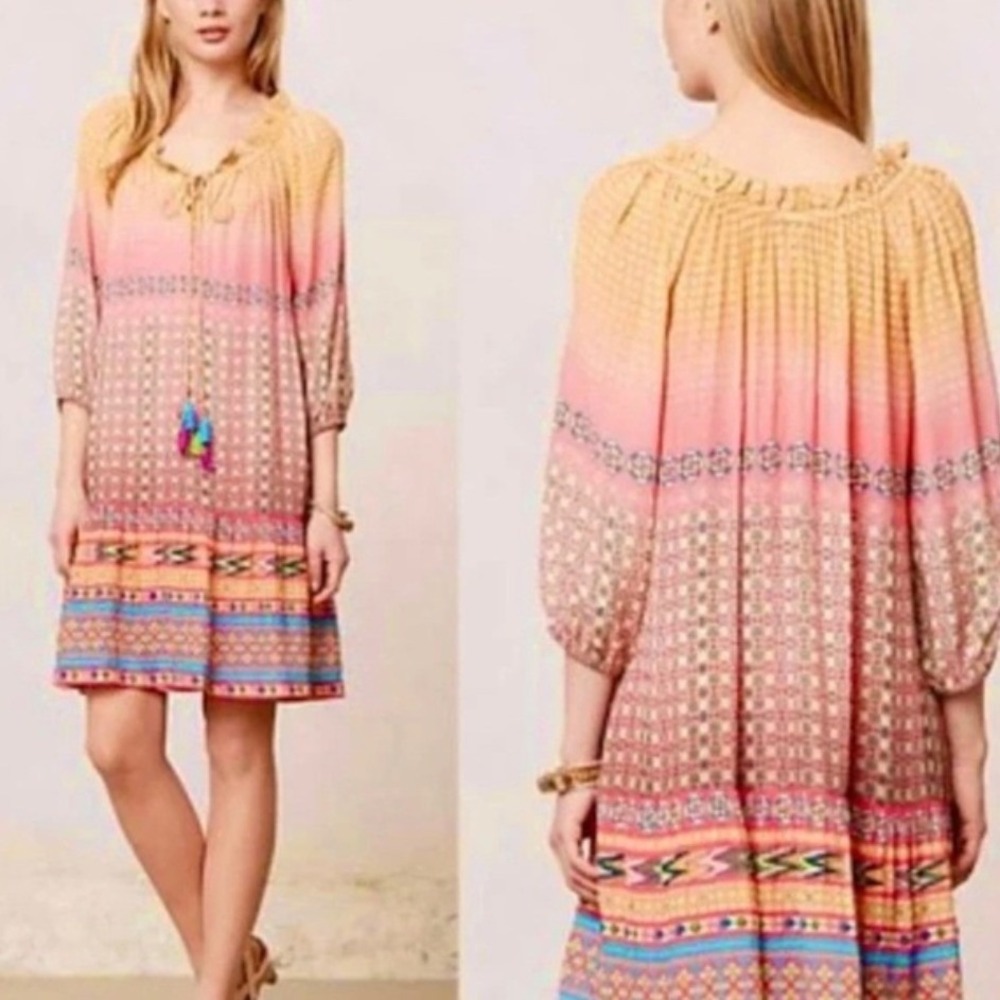 Tanvi Kedia Boho Beaded Ombre Peasant Dress XS Sheer Orange Pink Tassels Resort